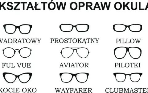Ilustracja prezentuje różne rodzaje okularów: owalne, kwadratowe, prostokątne, pillow, nieregularne, wrap, ful vue, aviator, pilotki, okrągłe, pantos, kocie oko, wayfarer, clubmaster, motyl.