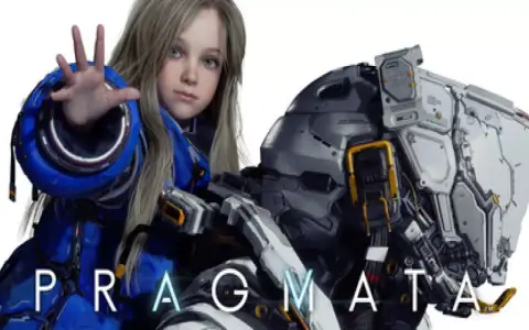 Niña con traje azul y un robot futurista. El título "PRAGMATA" aparece en la imagen.