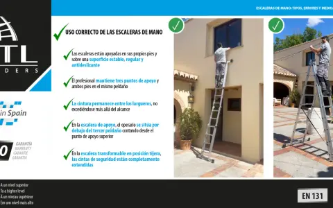 Profesional usa correctamente dos tipos de escaleras de obra, mostrando seguridad y estabilidad.