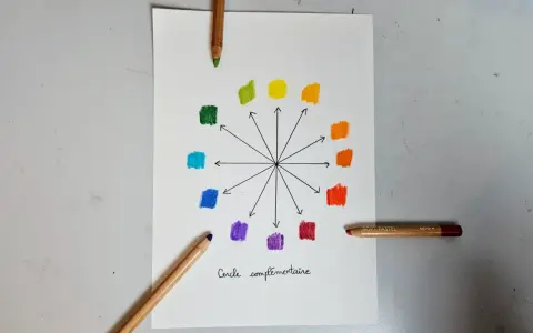 Rueda de colores dibujada a mano con lápices de colores, ideal para pintura al pastel para principiantes.