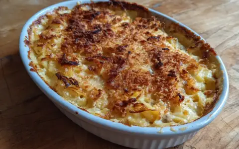 En gyllene Janssons frestelse i en vit ugnsform, redo att serveras. Ett klassiskt recept som doftar jul.