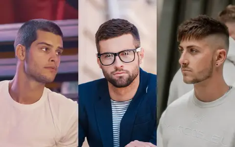 Trzech mężczyzn prezentuje fajne fryzury męskie: krótko ostrzyżone włosy, klasyczną fryzurę z okularami i modne cięcie z wygolonymi bokami.