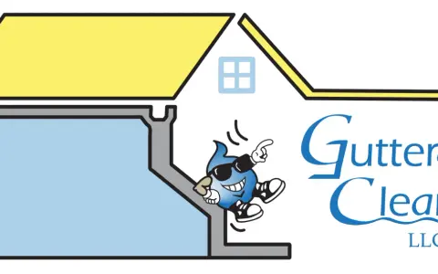 A cartoon water drop character with sunglasses and sneakers jumps out of a gutter, illustrating how to clean gutters. The logo "Gutter Clear LLC" is beside it.