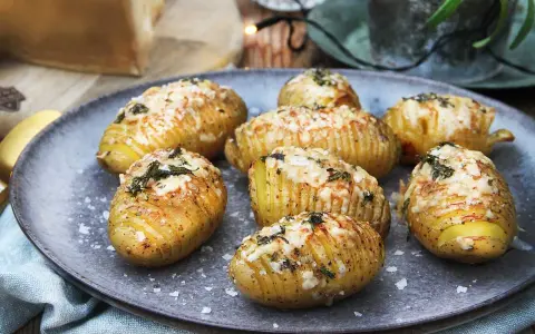 Hasselbackspotatis recept: gyllene, krispiga potatisar med ost och örter, redo att avnjutas.