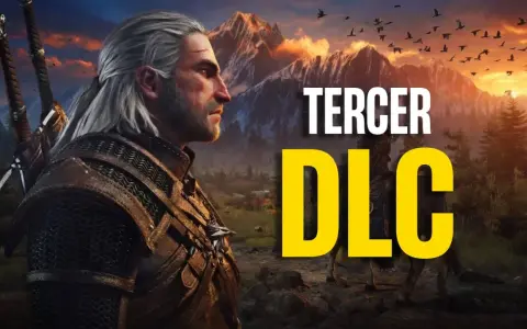 Geralt de Rivia, con sus espadas a la espalda, mira hacia un paisaje montañoso al atardecer. El texto "TERCER DLC" destaca en amarillo y blanco, anunciando una expansión para The Witcher 3.