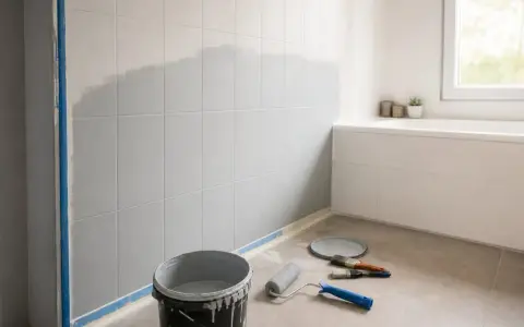 Rénovation de salle de bain : on est en train de repeindre le carrelage mural en gris. Matériel de peinture au sol.