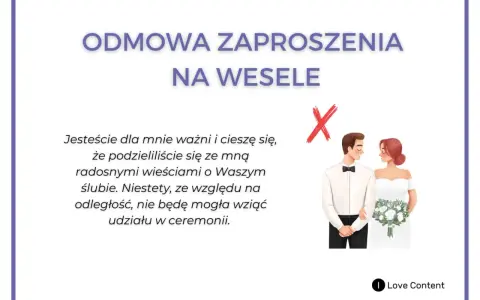 Wzór odmowy zaproszenia na wesele. Ilustracja pary młodej z przekreślonym X.