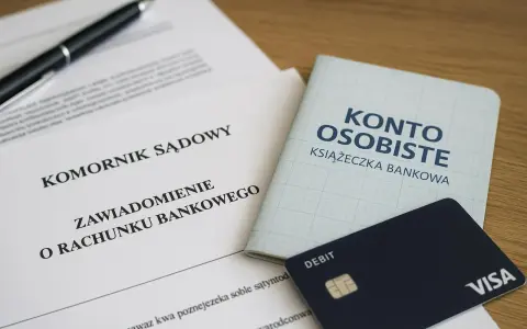 Dokumenty komornicze, książeczka "Konto Osobiste" i karta debetowa. Szybko komornik znajdzie nowe konto, gdy dane są aktualne.