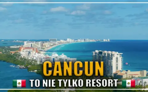 Cancun: czy w Cancun jest bezpiecznie? Widok na wybrzeże z hotelami i turkusową wodą. Napis "CANCUN TO NIE TYLKO RESORT".