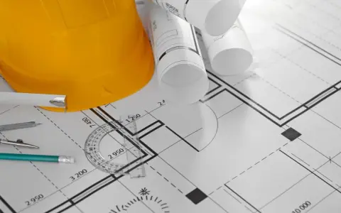 Żółty kask budowlany, zwinięte plany i przybory kreślarskie na projekcie domu. Może posłużyć jako wzór zgłoszenia samowoli budowlanej.