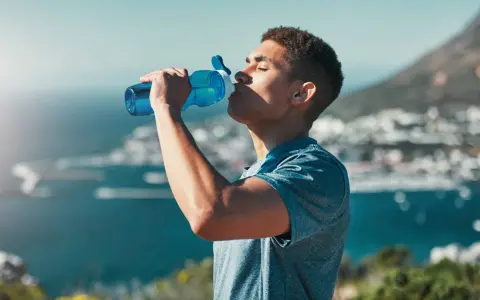 Un jeune homme boit dans une gourde bleue, se réhydratant après l'effort. L'eau, essentielle, contient des électrolytes pour le bon fonctionnement du corps.