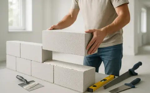 Un maçon pose une brique de béton cellulaire isolant. Des outils de maçonnerie sont visibles.