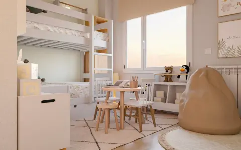 Habitación infantil con litera, ideal para como dividir una habitación para niño y niña. Zona de juegos con mesa y sillas, y un cómodo puf.
