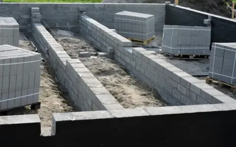 Budowa fundamentów z bloczków betonowych. Widać ułożone ściany fundamentowe, piasek w wykopie i palety z bloczkami.