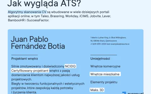 CV Juan Pablo Fernández Botia, projektanta wnętrz, z certyfikatem NCIDQ. Algorytmy ATS analizują CV, by znaleźć dopasowanych kandydatów.