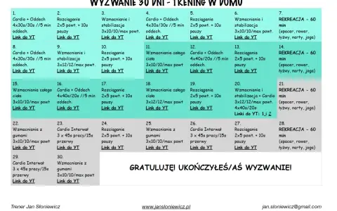Plan 30-dniowego wyzwania treningowego w domu, z ćwiczeniami i linkami do nauki rysunku.