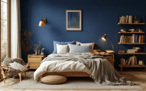 Chambre paisible aux murs bleu nuit, évoquant une **couleur ultraviolet** profonde. Un lit douillet, une chaise confortable et une bibliothèque remplie de livres invitent à la détente.