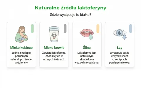 Naturalne źródła laktoferyny: mleko kobiece, krowie, ślina i łzy. Laktoferyna to białko występujące w wydzielinach organizmu.