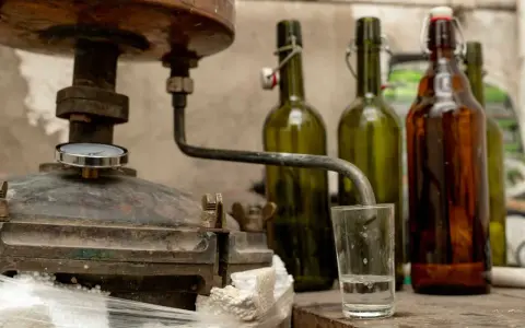 Destylator w akcji, z rurki leje się płyn do szklanki. W tle zielone i brązowe butelki. To właśnie tak powstaje bimber co to jest, każdy wie.