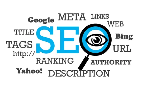 SEO-Begriffe wie Google, Bing, Links, Tags und die Bedeutung eines guten meta-Tags werden durch eine Lupe mit einem Auge hervorgehoben.