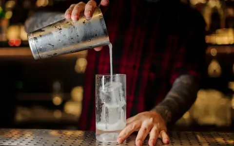 Barkeeper gießt einen erfrischenden Gin Fizz mit Eis in ein Glas.