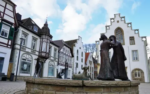 Skulpturen auf dem Markt Brakel vor Fachwerkhäusern und einem weißen Giebelhaus.