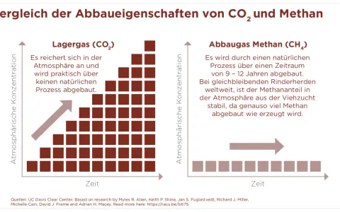Vergleich von CO₂ und Methan: CO₂ reichert sich an, Methan (aus Rinderhaltung) baut sich ab.