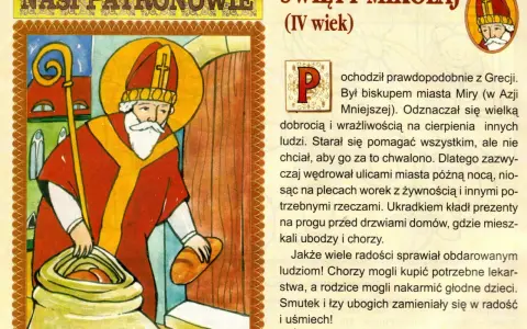 Ilustracja z baśni o św. Mikołaju: biskup z laską i workiem pełnym chleba, który obdarowuje potrzebujących.