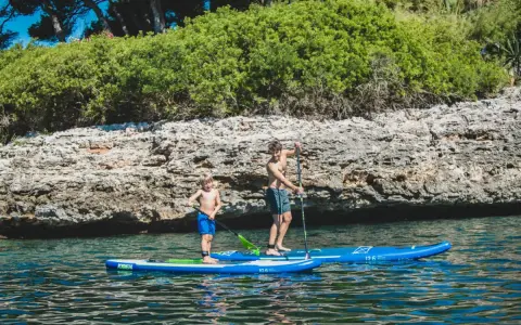 Zwei Jungen auf SUP-Boards, die geradeaus fahren, genießen das klare Wasser vor einer felsigen Küste mit üppiger Vegetation.