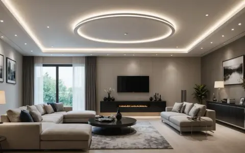 Éclairage moderne et élégant pour la décoration plafond salon, avec un cercle lumineux central et des spots encastrés.