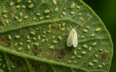 Una mosca blanca adulta y muchas ninfas cubren una hoja verde. Aprende cómo eliminar la mosca blanca de las plantas para proteger tu jardín.