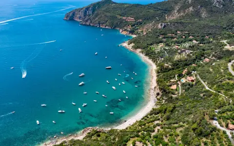 Baia incantevole con mare bello toscana, acque cristalline e barche che navigano. La costa è verdeggiante, con ville sparse tra gli alberi.