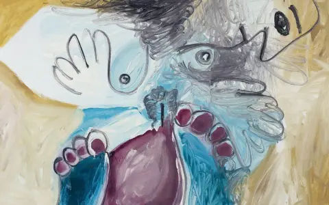 Fakta om Picasso: En målning med en abstrakt figur, med framträdande fötter och en hand.