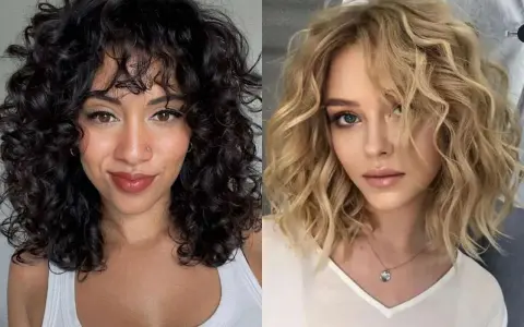 Dos mujeres con media melena ondulada natural. Una con pelo oscuro y rizado, la otra con pelo rubio y ondas suaves.