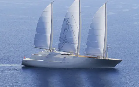 Ein elegantes Segelschiff mit drei Masten gleitet über das blaue Meer. Die Segel sind mit einem stilisierten Muster verziert, das an eine **sy**mbolische Darstellung erinnert.