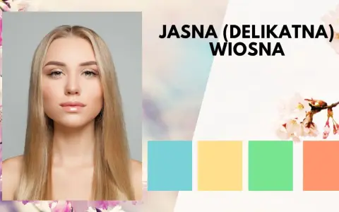 Jasna (delikatna) wiosna – modelka z jasnymi włosami i subtelnym makijażem, otoczona kwitnącymi wiśniami. Paleta barw: błękit, żółty, zieleń, brzoskwinia.