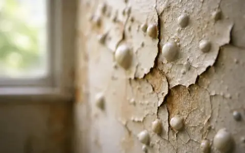 Peinture qui cloque sur un mur extérieur, révélant des bulles et des fissures, signe de dégradation.