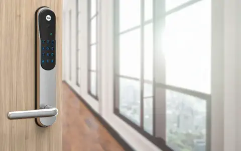 Säkerhet och bekvämlighet med Yale doorman automatisk låsning. Ett modernt lås på en trädörr.