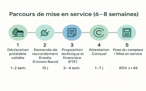 Schéma des étapes pour la mise en service d'un panneau photovoltaïque, incluant l'attestation de conformité Consuel.