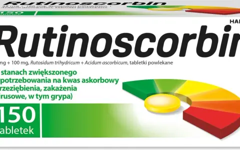 Rutinoscorbin to lek na przeziębienie, który wspiera organizm w stanach zwiększonego zapotrzebowania na witaminę C. Opakowanie zawiera 150 tabletek.