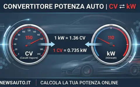 Due tachimetri mostrano la conversione tra CV (Cavalli Vapore) e kW. Uno indica 150 CV, l'altro 110 kW, con le formule di conversione.