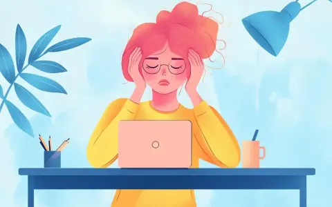 Ragazza con capelli rosa e occhiali, mani sulle tempie, davanti a un laptop. Sembra esausta, uno dei tanti sintomi di lavorare troppo.