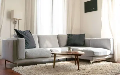 Un cómodo cheslón gris con cojines oscuros, alfombra mullida y mesa de centro de madera.