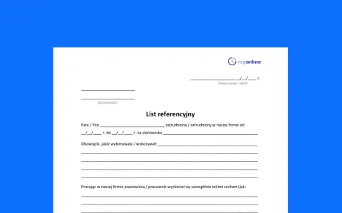 Formularz "List referencyjny" do wypełnienia przez pracodawcę, zawierający pola na dane pracownika, okres zatrudnienia, obowiązki i cechy.