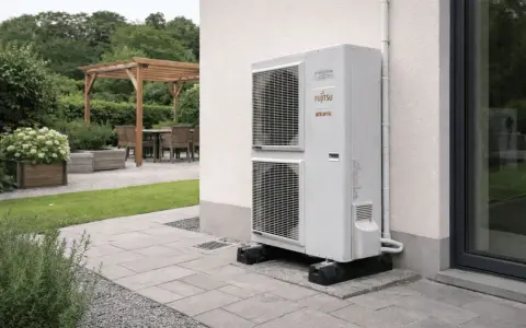 Unité extérieure d'une pompe à chaleur Fujitsu Atlantic, installée sur une terrasse. L'image suggère la fiabilité et la durée de vie d'une pompe à chaleur.