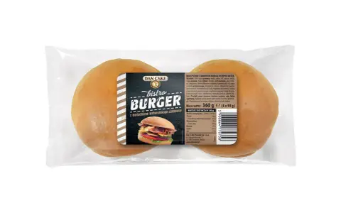 Dwie bułki do burgerów w opakowaniu, z etykietą z wizerunkiem burgera.