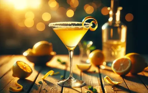 Elegancki kielich z drinkiem lemon drop, ozdobiony skórką cytryny, otoczony świeżymi cytrynami i butelką alkoholu.