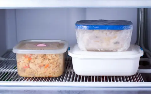 Zwei Behälter mit vorbereiteten Gerichten zum Einfrieren stehen im Kühlschrank. Einer enthält Reis mit Gemüse, der andere eine cremige Speise.
