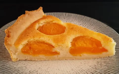 Une part de tarte aux abricots dorée, avec des fruits juteux incrustés dans une pâte moelleuse, sur une assiette texturée.