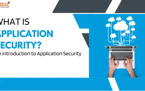 An introduction to application security meaning: hands typing on a laptop connected to cloud icons, illustrating secure data flow.